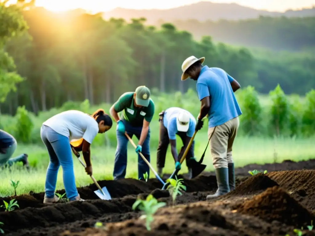 Grupo diverso implementando efectiva política de conservación al plantar árboles al atardecer