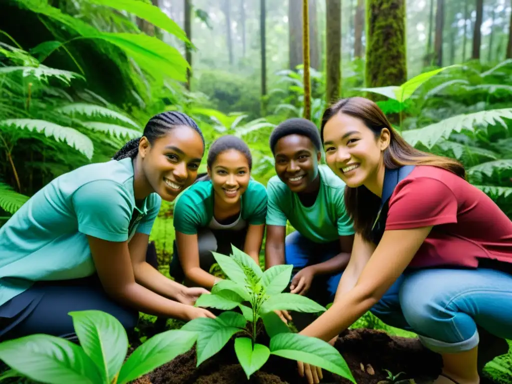 Un grupo diverso de entusiastas estudiantes trabaja juntos en la restauración ambiental en un exuberante bosque biodiverso