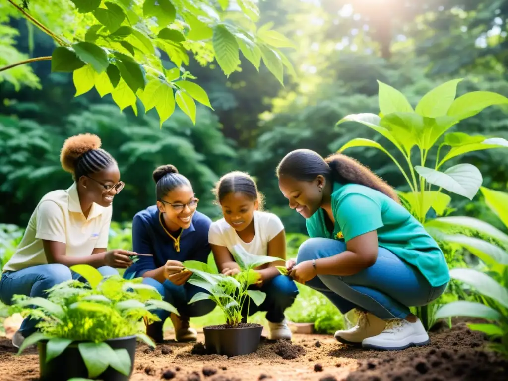 Un grupo diverso de jóvenes estudiantes participa en actividades medioambientales en un aula al aire libre rodeada de exuberante vegetación