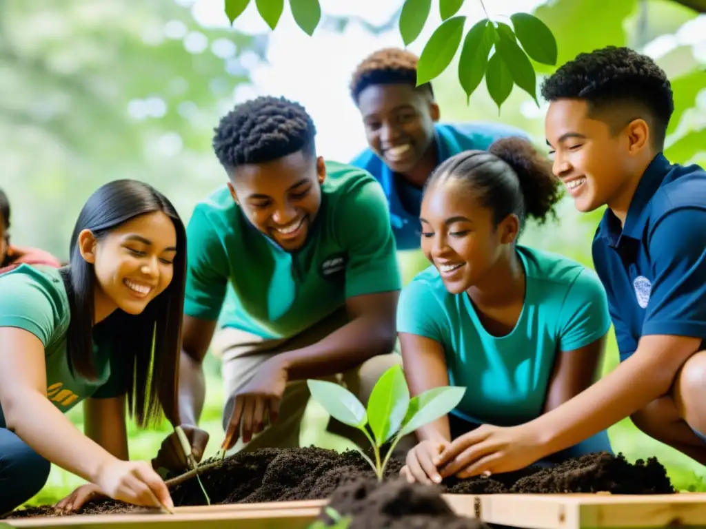 Grupo diverso de estudiantes participando en actividades de ciencias ambientales al aire libre, transmitiendo entusiasmo y descubrimiento