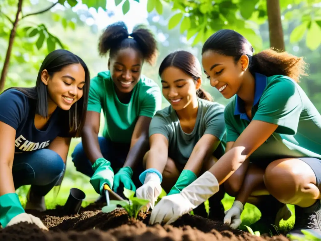 Un grupo diverso de estudiantes planta árboles en un bosque exuberante