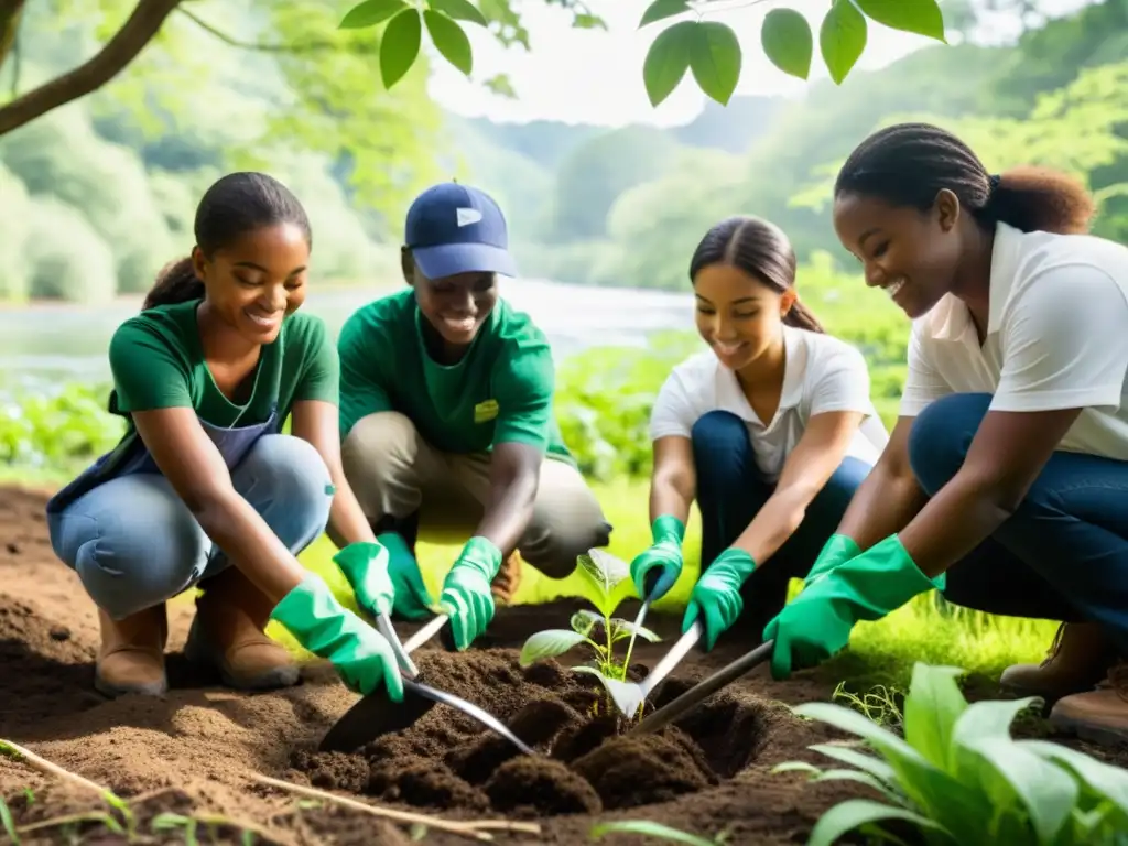 Un grupo diverso de estudiantes planta árboles en un bosque exuberante mientras el sol filtra a través de las hojas