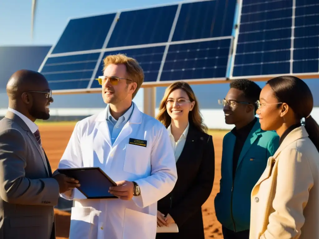 Un grupo diverso de estudiantes con batas blancas y gafas de seguridad, rodea un gran arreglo de paneles solares