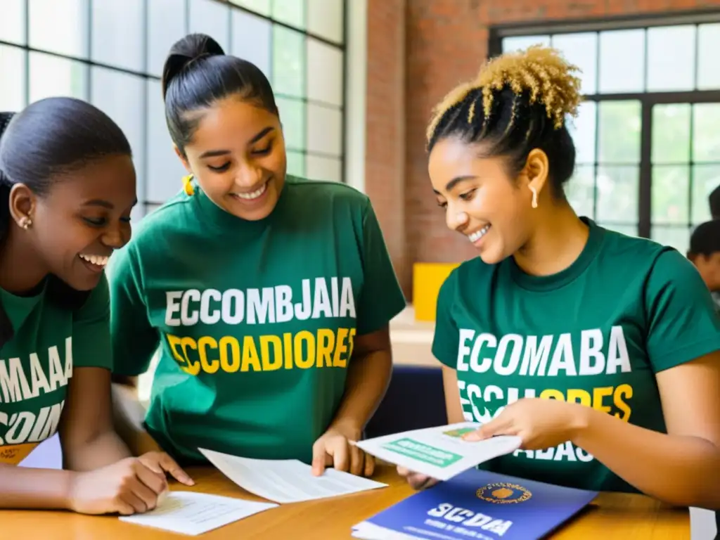 Grupo diverso de estudiantes con camisetas 'Ecoembajadores', rodeados de materiales educativos coloridos, discutiendo con entusiasmo