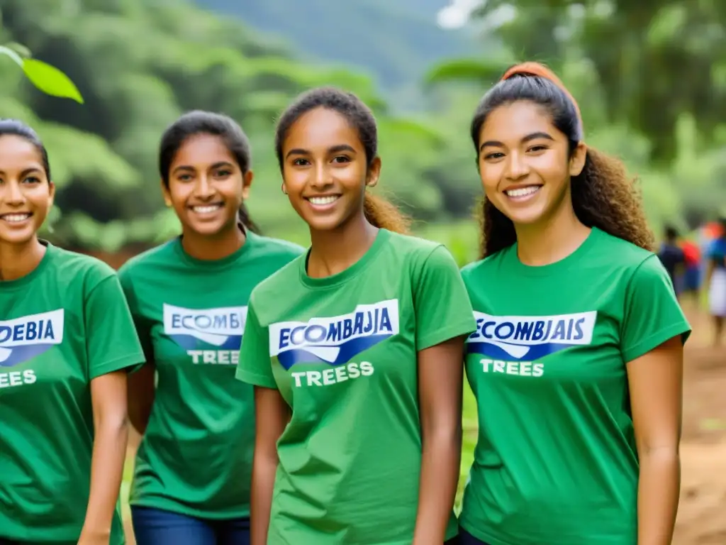 Un grupo diverso de estudiantes con camisetas de Ecoembajadores participando en actividades ambientales, capacitando ecoembajadores cambio ambiental