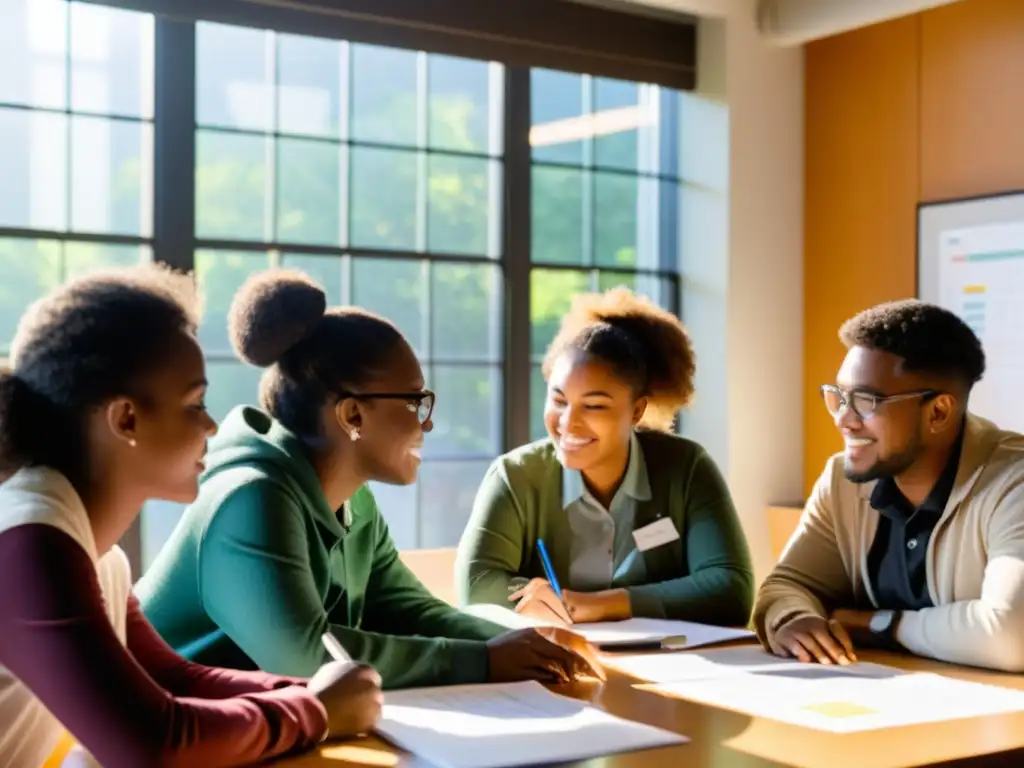 Un grupo diverso de estudiantes de ciencias ambientales se reúne en torno a una mesa, discutiendo animadamente con un mentor