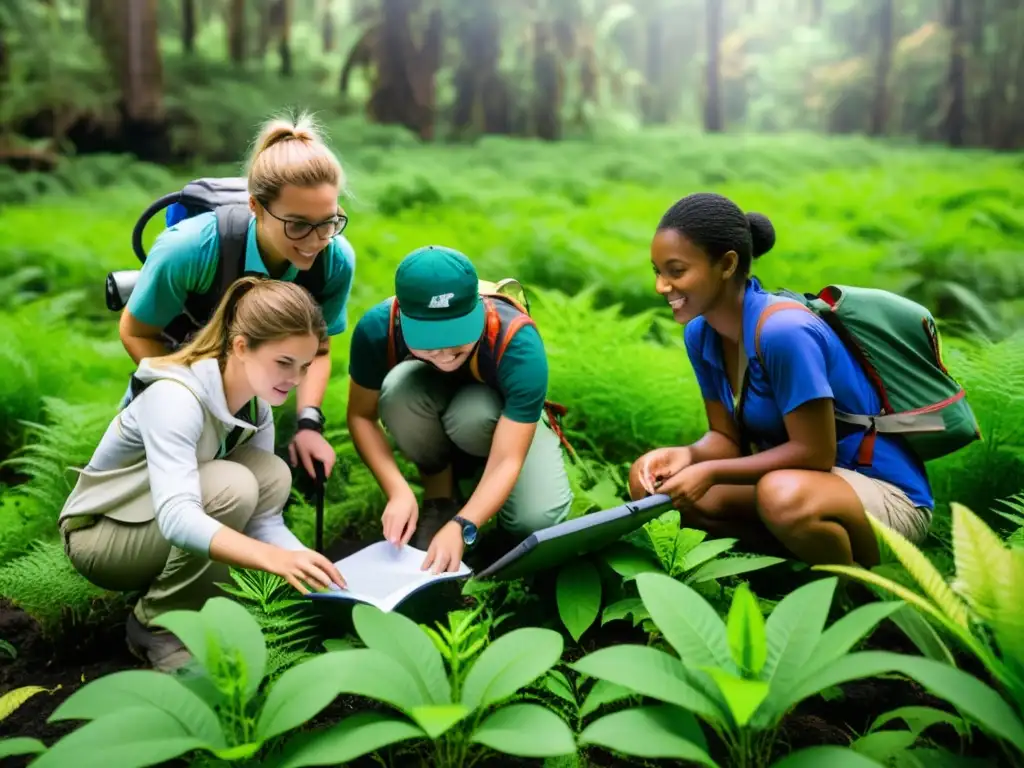 Grupo diverso de estudiantes de ciencias ambientales realizando investigación de campo en un ecosistema exuberante