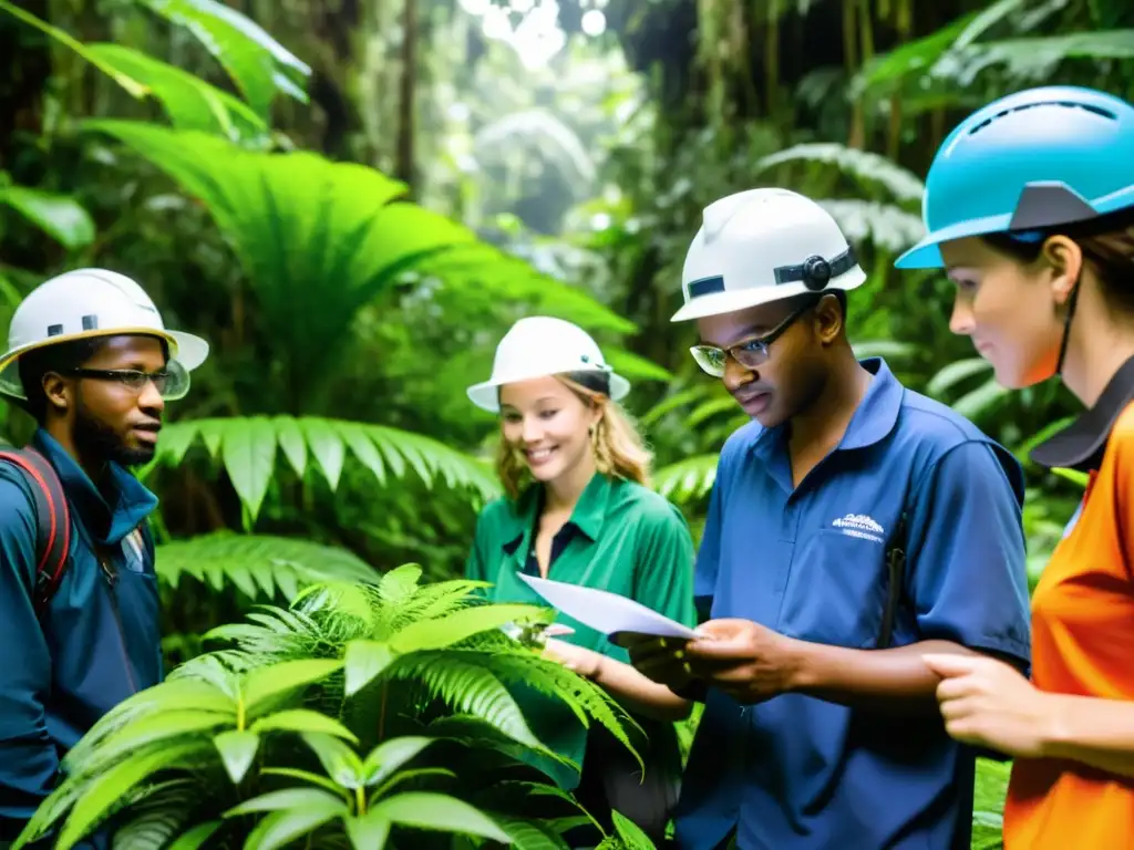 Grupo diverso de estudiantes de ciencias ambientales realizando investigación de campo en la selva