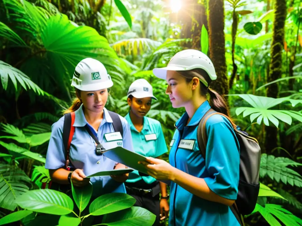 Un grupo diverso de estudiantes de ciencias ambientales realizando investigación de campo en una exuberante selva tropical