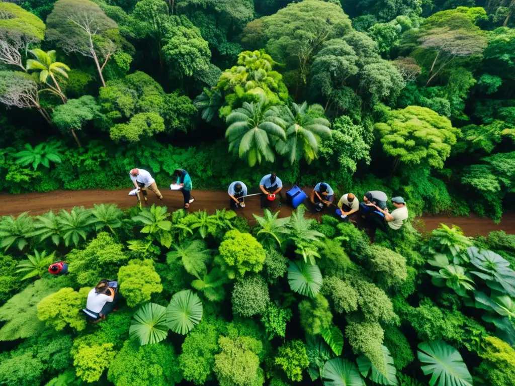 Grupo diverso de estudiantes de ciencias ambientales realizando investigación de campo en un exuberante y biodiverso bosque lluvioso