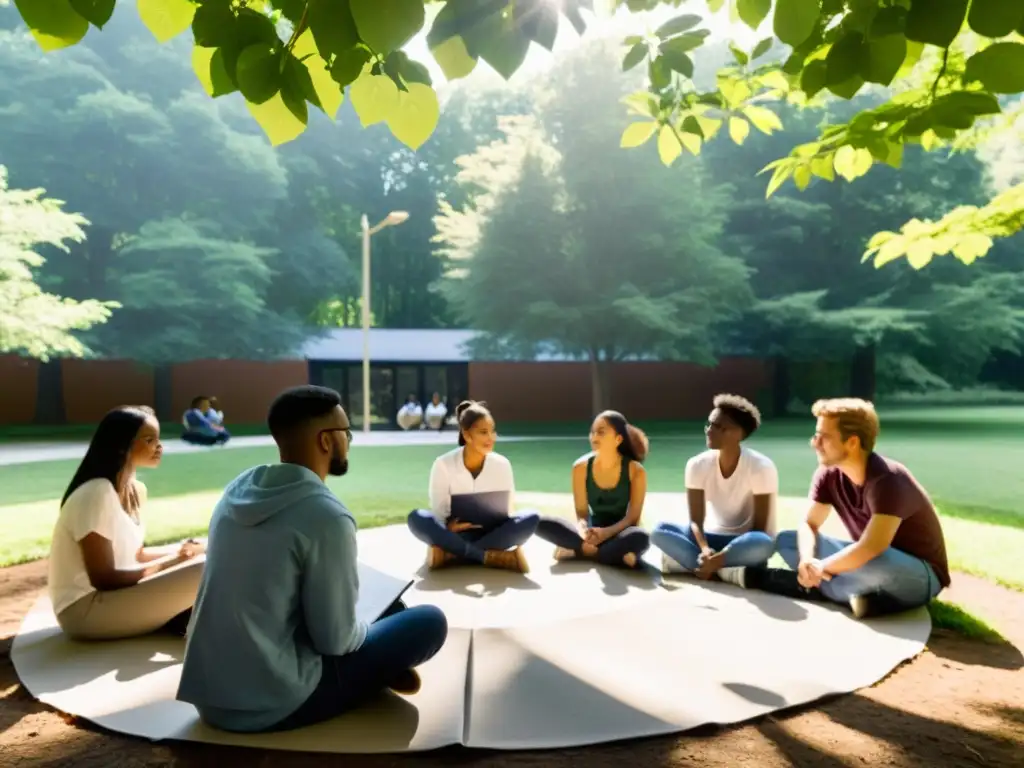 Grupo diverso de estudiantes en círculo al aire libre, discutiendo sobre educación ambiental y salud mental