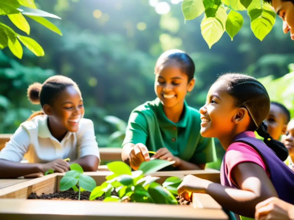 Grupo diverso de estudiantes participando en una clase al aire libre sobre educación ambiental, rodeados de exuberante vegetación