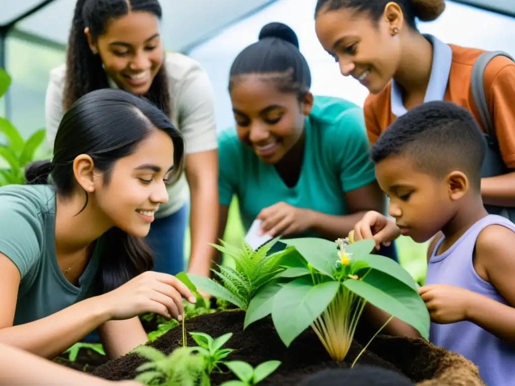 Un grupo diverso de estudiantes y maestros estudia un ecosistema biodiverso en un ambiente de aprendizaje práctico