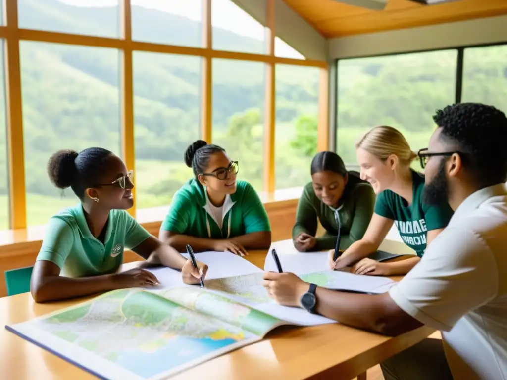 Grupo diverso de estudiantes y educadores discuten prácticas sostenibles en un aula soleada con ventanas grandes y paisaje verde