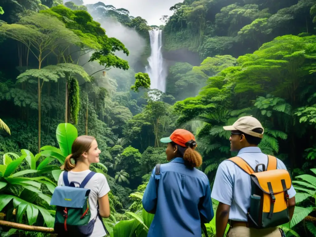 Un grupo diverso de estudiantes y educadores colabora en una lluviosa selva