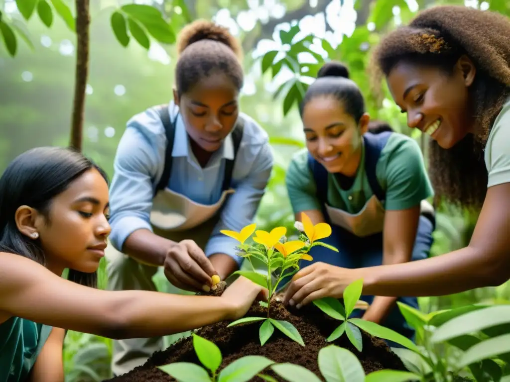 Un grupo diverso de estudiantes y educadores trabaja juntos en una exuberante y vibrante zona, plantando árboles y flores nativas