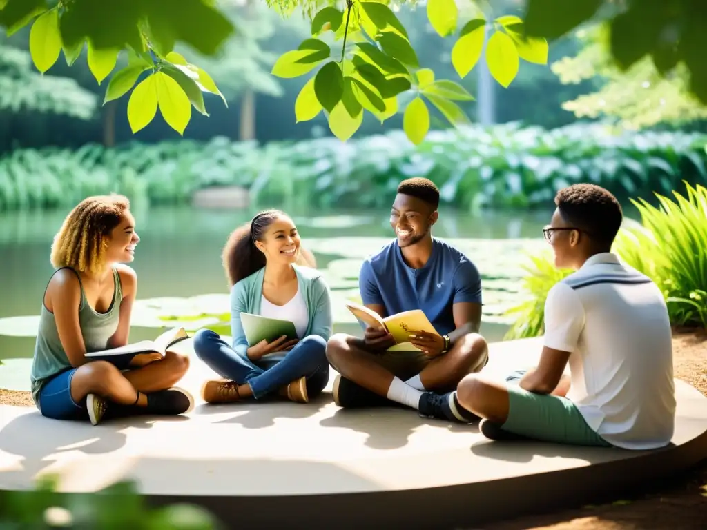 Grupo diverso de estudiantes estudia en un entorno natural, con estrategias ganar becas estudios ecosistemas en mente, creando un ambiente colaborativo y dinámico