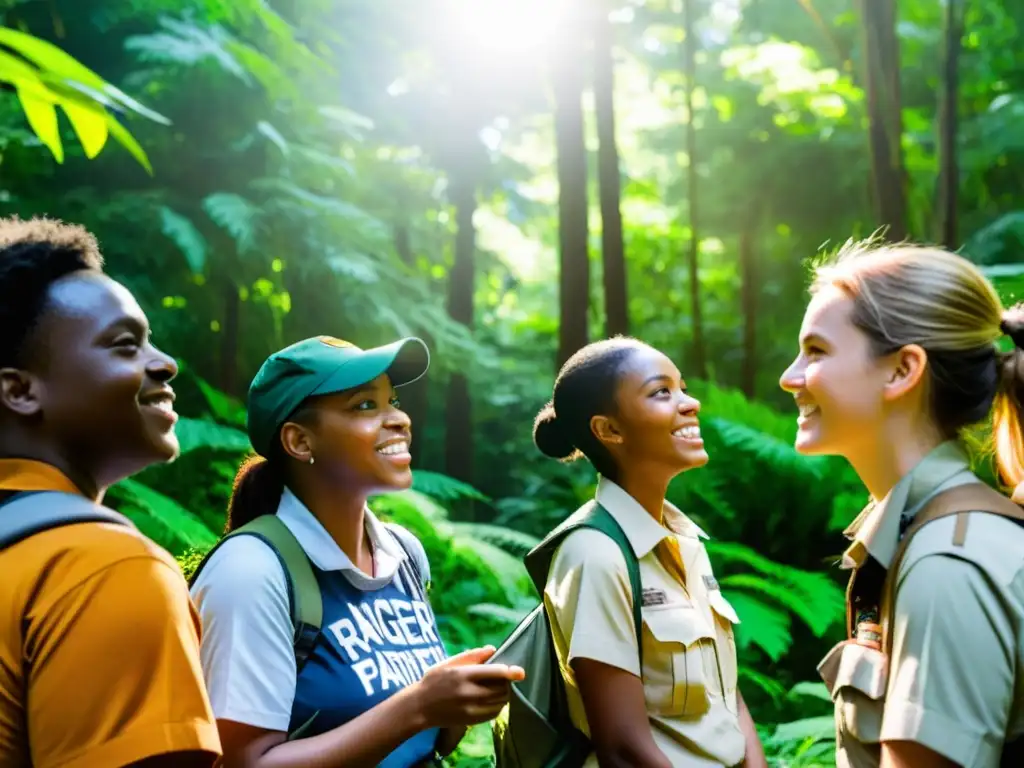 Un grupo diverso de estudiantes entusiastas en un bosque exuberante, aprendiendo de un guardabosques