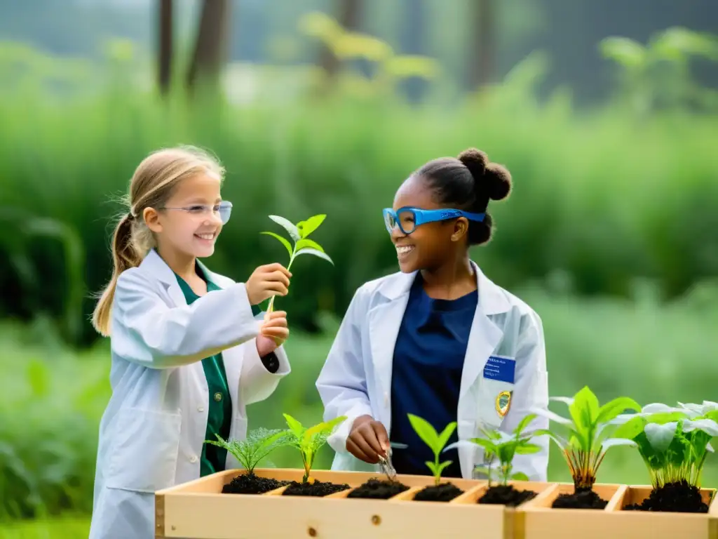 Grupo diverso de estudiantes realizando experimentos al aire libre, enseñando a las nuevas generaciones sobre cambio climático