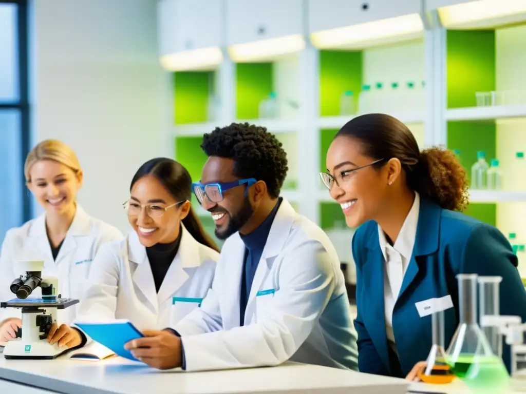 Grupo diverso de estudiantes realizando experimentos en laboratorio, fomentando el curso análisis ciclo vida ambiental