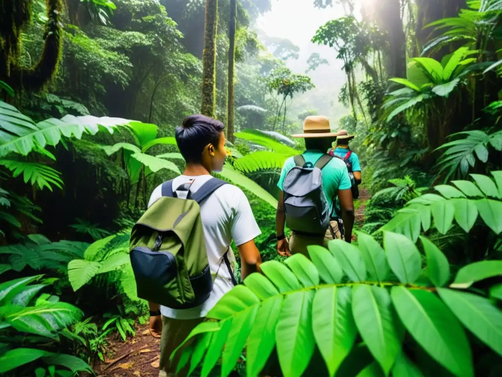 Grupo diverso de estudiantes explorando un exuberante bosque tropical, capturando la biodiversidad