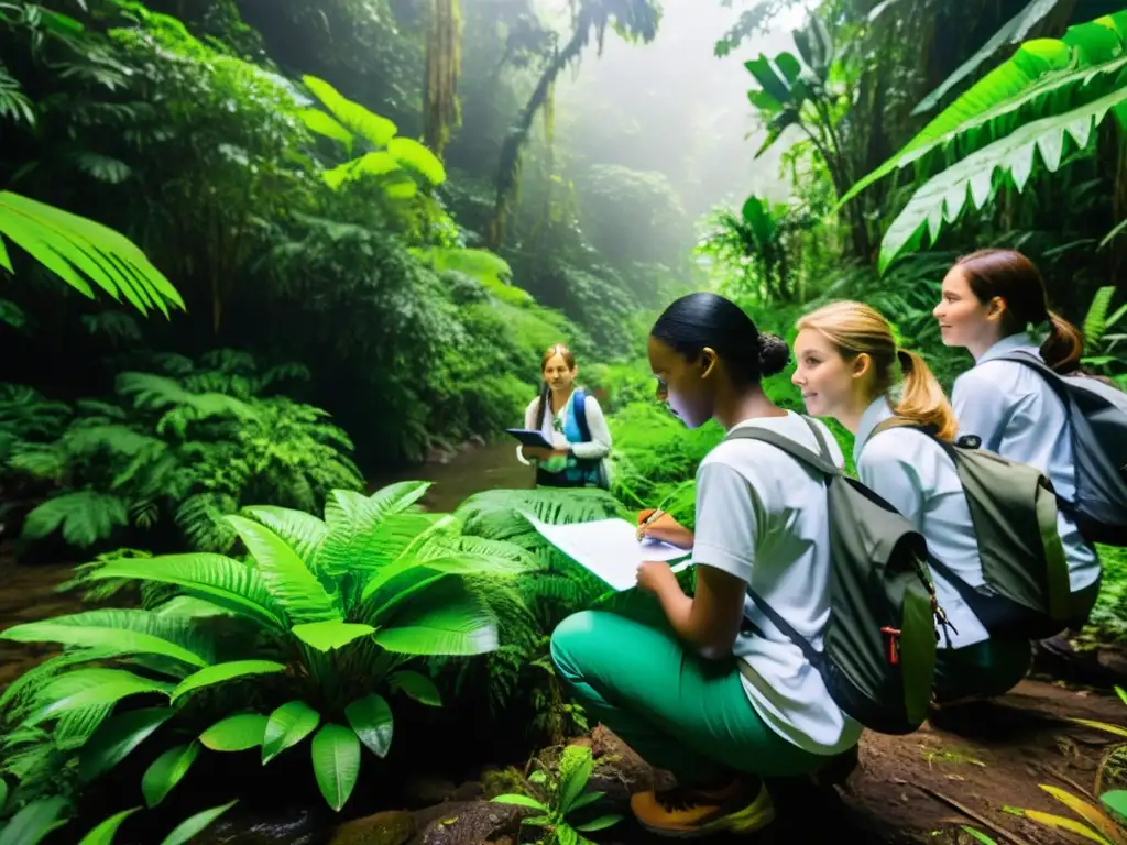 Grupo diverso de estudiantes realizando investigación ecológica en una exuberante selva