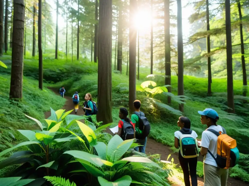 Un grupo diverso de estudiantes recorre un frondoso bosque, observando aves y tomando notas