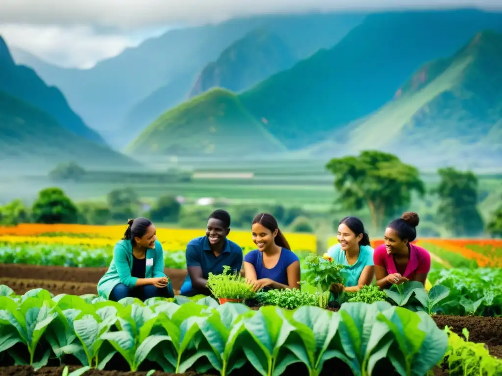 Grupo diverso de estudiantes graduados trabajando en una granja agroecológica, exudando pasión por las becas en agroecología sostenible