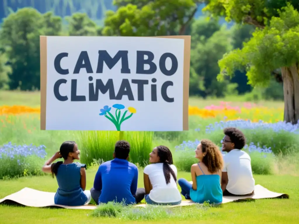 Grupo diverso de estudiantes discute pedagogía sobre cómo abordar el cambio climático en un campo con árboles y flores silvestres