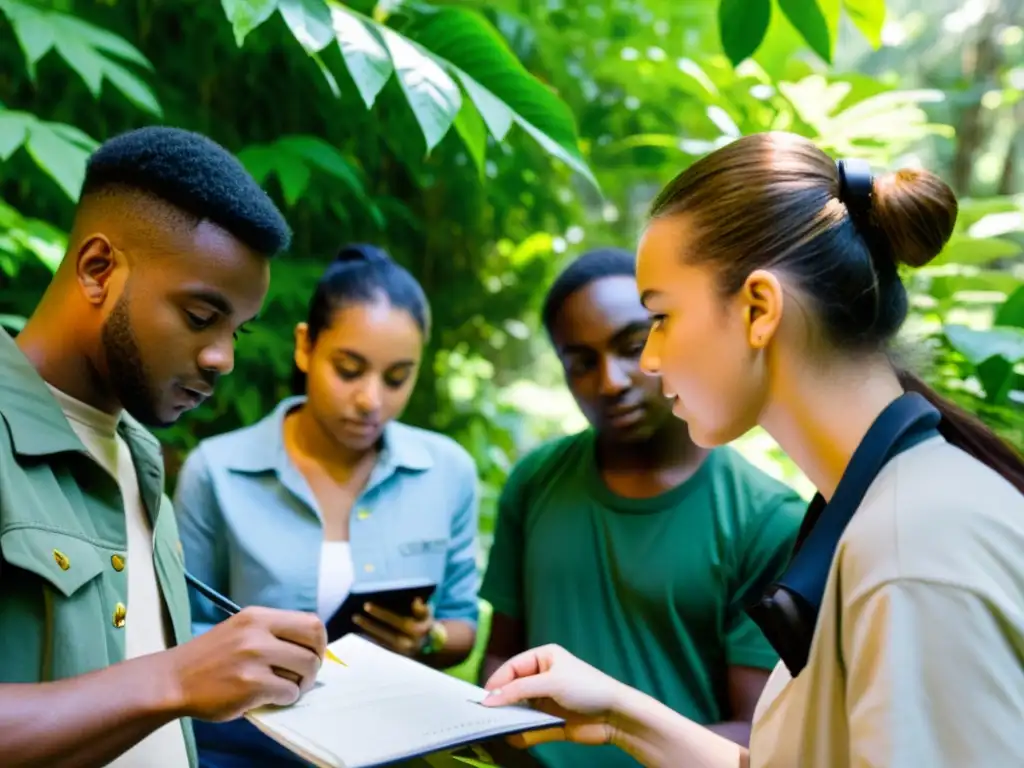 Un grupo diverso de estudiantes colabora examinando plantas en el bosque, promoviendo equidad en carreras ambientales