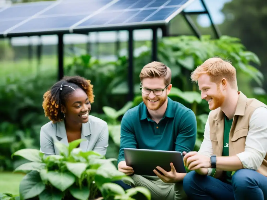 Grupo diverso de estudiantes de postgrado inmersos en proyecto de sostenibilidad, reflejando innovación ambiental y colaboración educativa