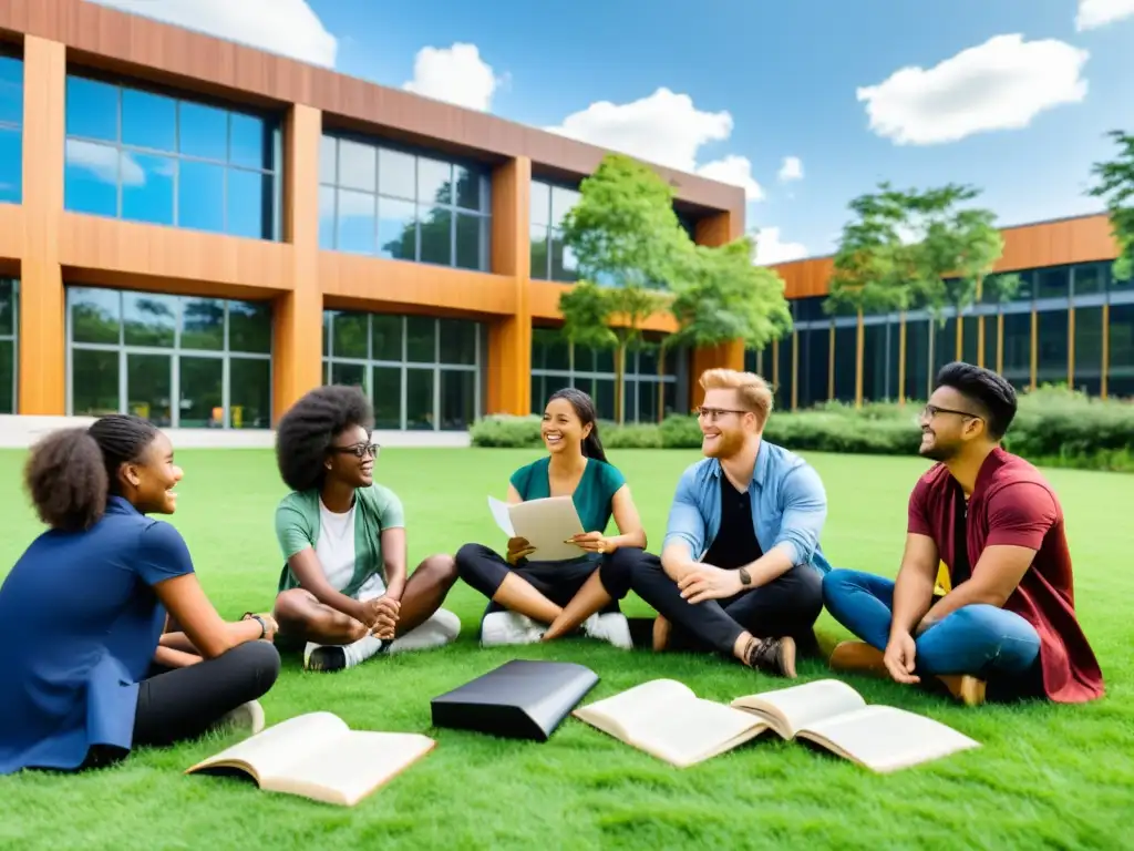 Grupo diverso de estudiantes de postgrado en innovación ambiental y sostenibilidad discuten animadamente bajo el sol en el campus universitario