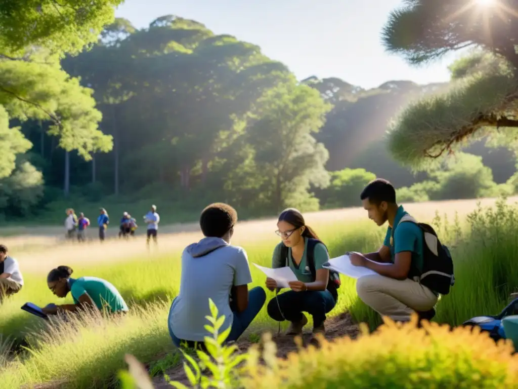 Un grupo diverso de estudiantes y profesionales trabajando juntos en la conservación de ecosistemas locales