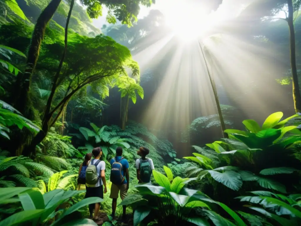 Un grupo diverso de estudiantes y su profesor exploran emocionados la exuberante selva