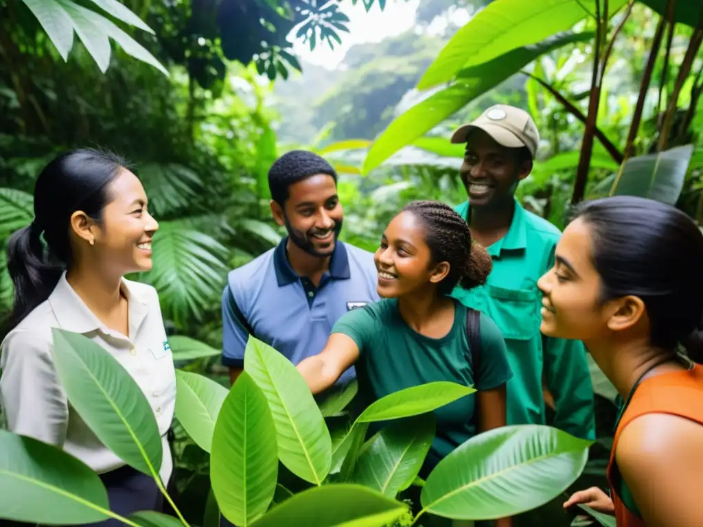 Un grupo diverso de estudiantes y profesores de una ONG de educación ambiental explora un ecosistema exuberante, interactuando con la naturaleza