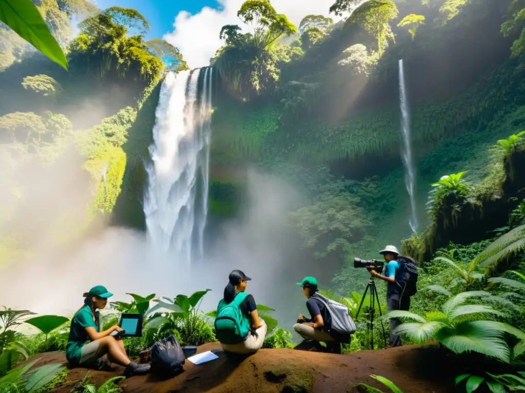 Grupo diverso de estudiantes en traje profesional realizando investigación ambiental en una exuberante selva