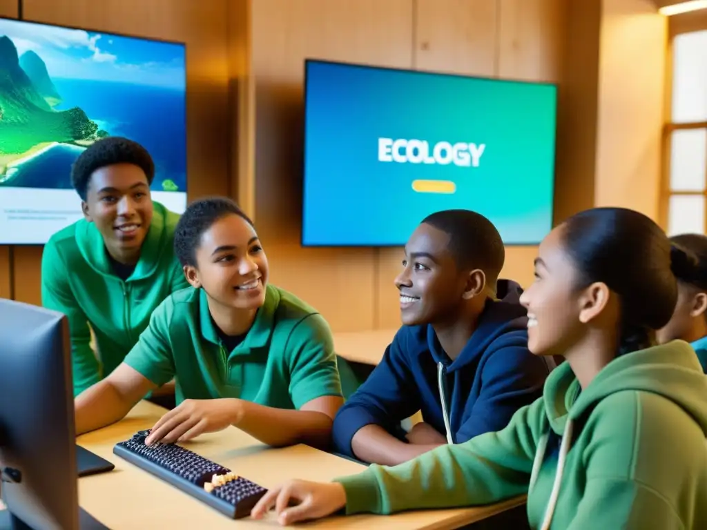 Un grupo diverso de estudiantes participa activamente en un videojuego educativo sobre ecología, colaborando y discutiendo soluciones ambientales