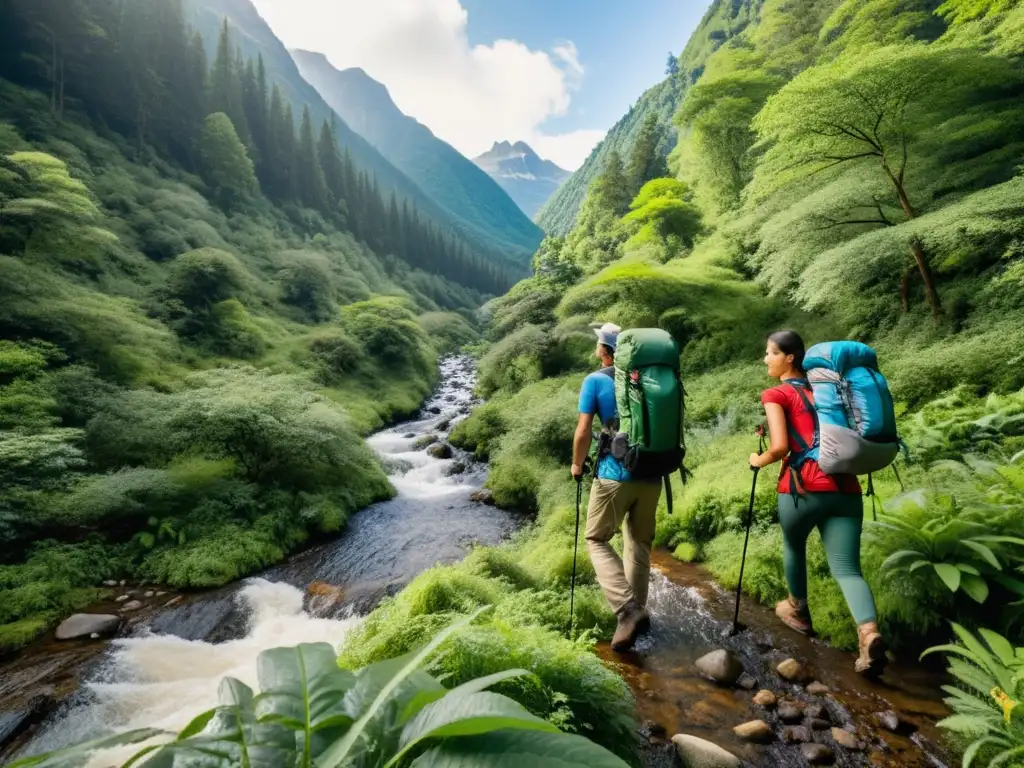 Un grupo diverso de excursionistas atiende una lesión menor en el bosque, con un kit de primeros auxilios ecológico