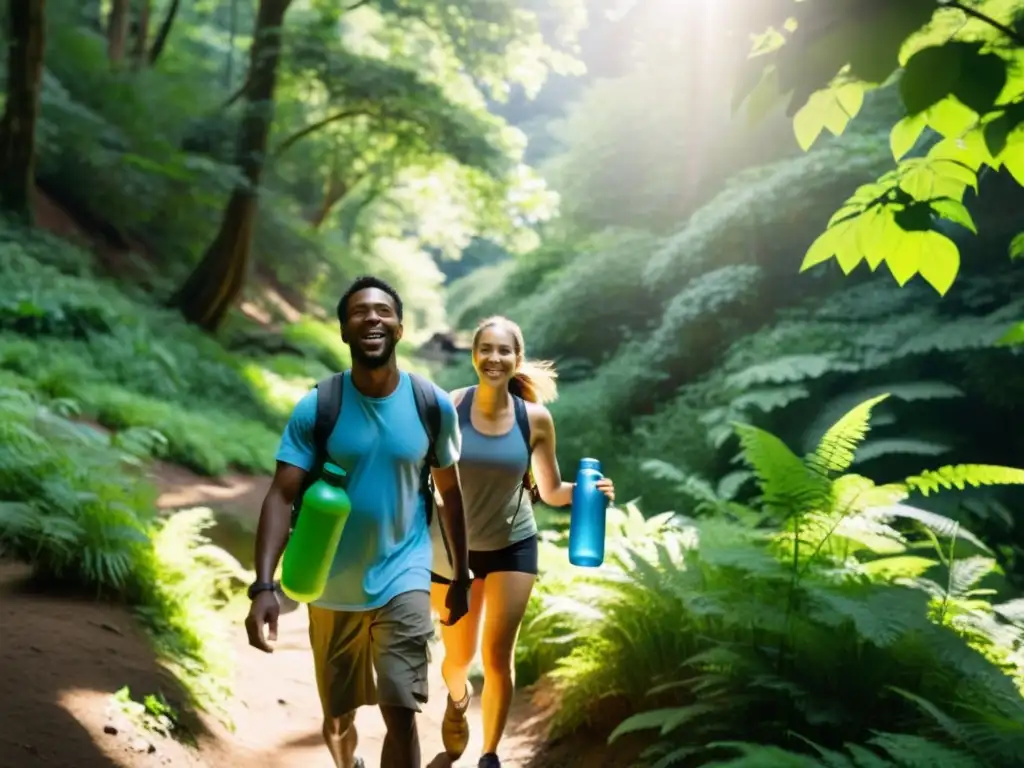 Un grupo diverso de excursionistas sonrientes lleva botellas de agua reutilizables mientras caminan por un frondoso bosque