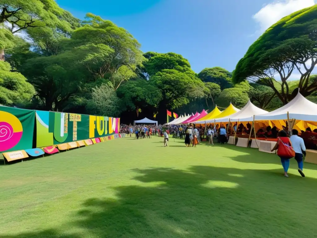 Festival Ecológico: Arte, Música y Conciencia Ambiental Grupo diverso disfruta festival cultural con sensibilización ambiental en parque verde, arte reciclado, música en vivo y actividades ecoamigables