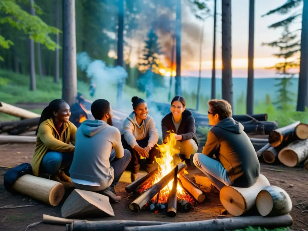 Grupo diverso se reúne alrededor de fogata en el bosque, compartiendo historias y mostrando conexión emocional activismo ambiental