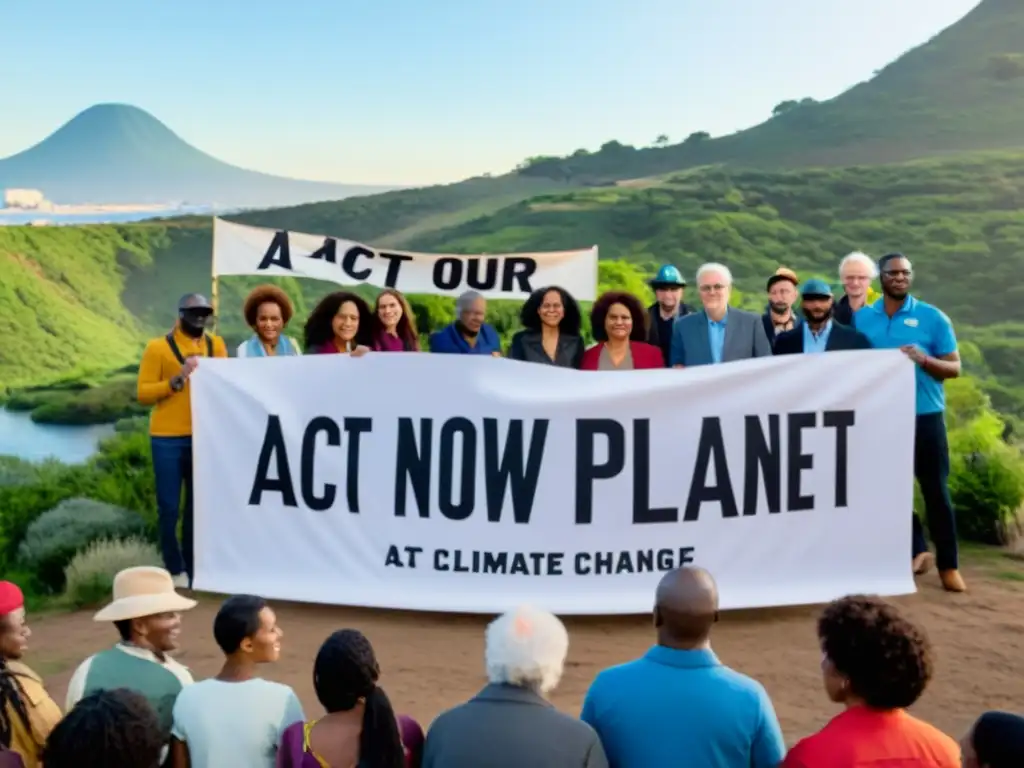 Un grupo diverso se une frente a un letrero 'Actúa ahora por nuestro planeta', sosteniendo carteles sobre cambio climático