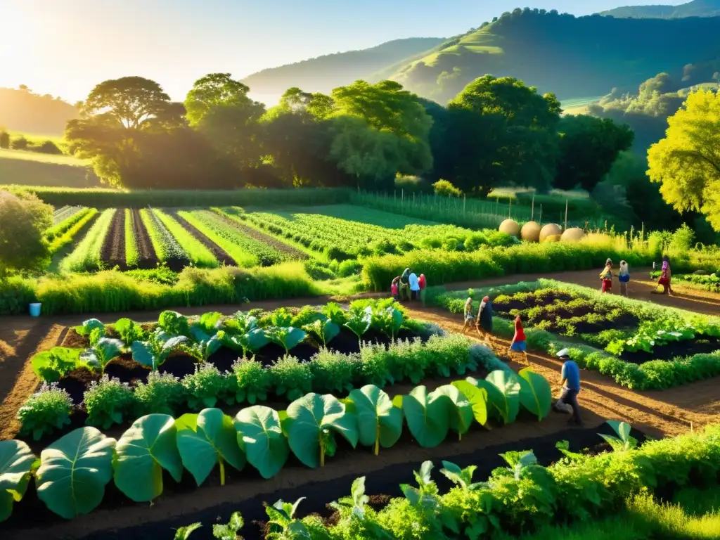 Grupo diverso en una granja permacultural, cosechando frutas y vegetales