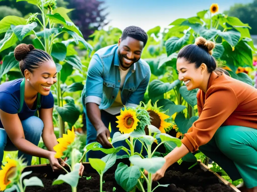 Un grupo diverso cultiva en un huerto comunitario, cosechando frutas y verduras