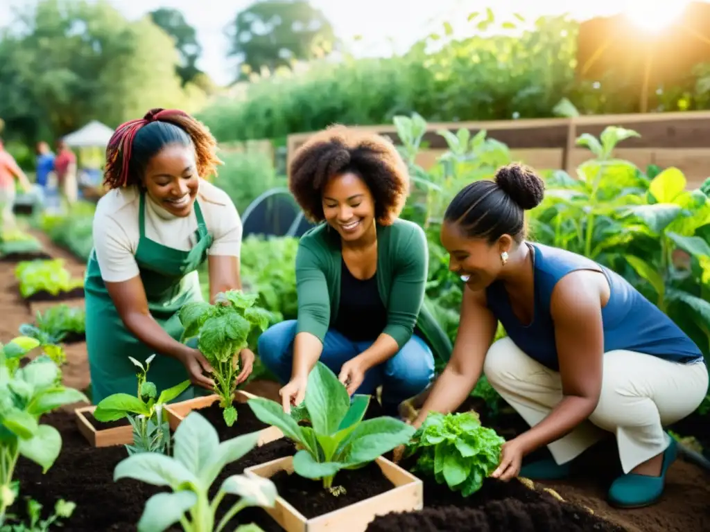 Un grupo diverso trabaja en un huerto comunitario, cultivando plantas vibrantes