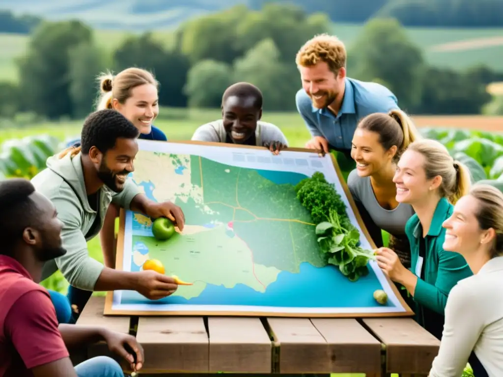 Un grupo diverso de jóvenes agricultores e investigadores se reúnen en torno a una mesa comunal, intercambiando ideas y estudiando un mapa de un paisaje agroecológico biodiverso