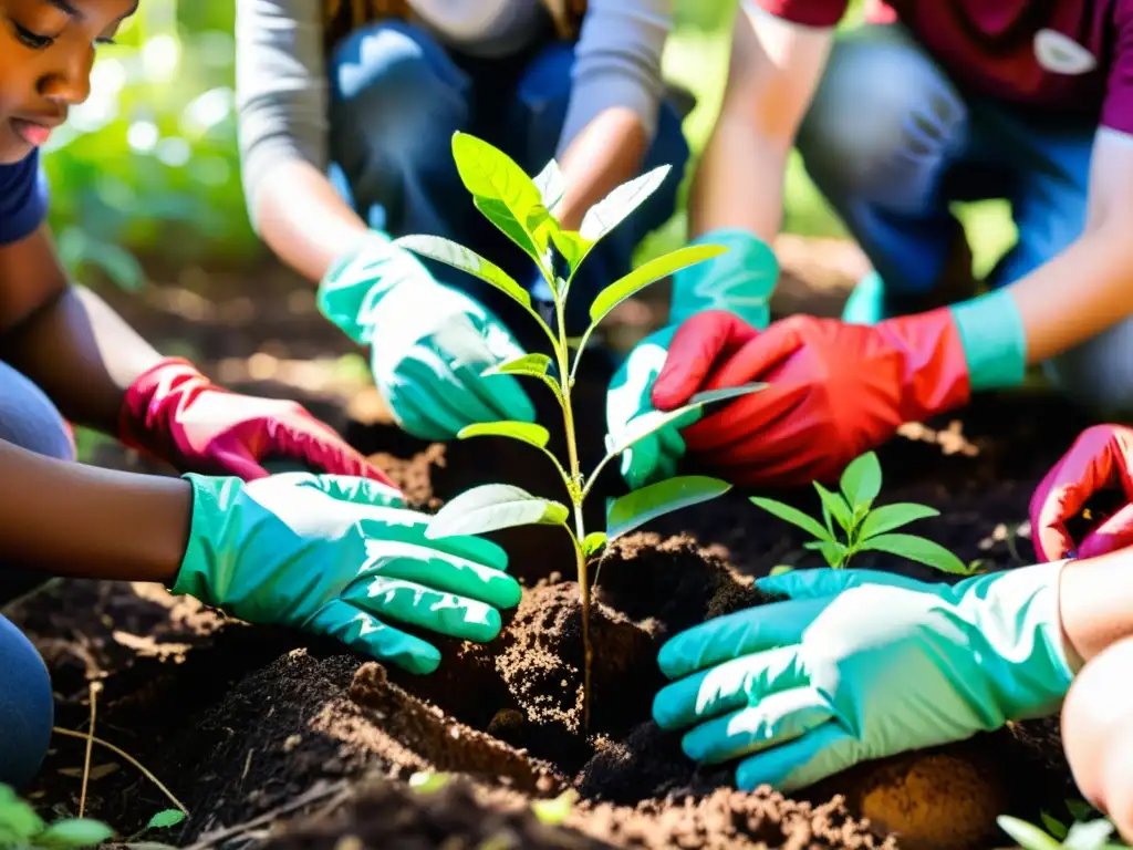 Un grupo diverso de jóvenes estudiantes planta árboles nativos con entusiasmo en un frondoso bosque, mostrando conexión con la naturaleza y formación ecologistas generaciones futuras