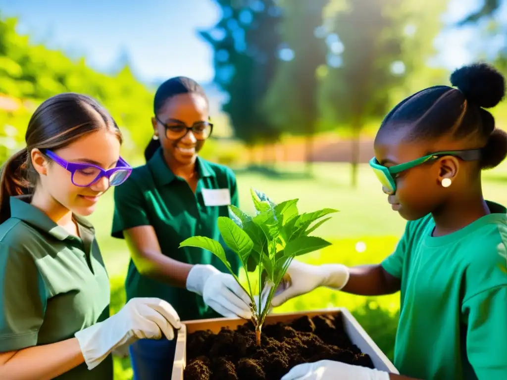 Un grupo diverso de jóvenes estudiantes plantando árboles en un jardín comunitario, mientras aprenden sobre el cambio climático