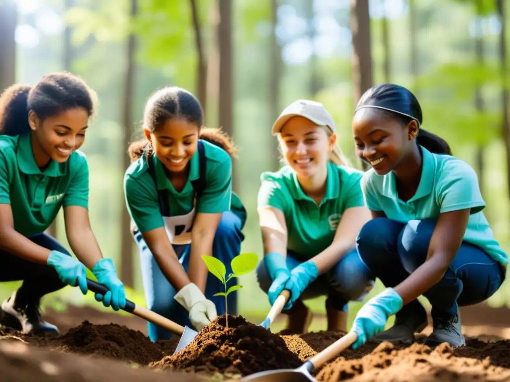 Grupo diverso de jóvenes estudiantes plantando árboles en un bosque exuberante