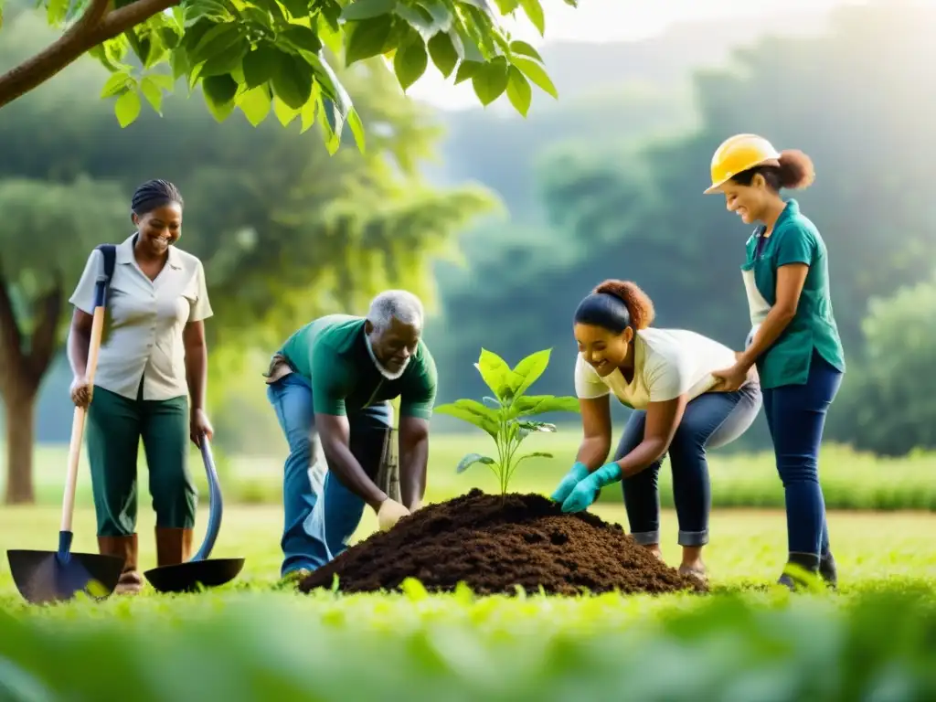 Un grupo diverso trabaja juntos en un campo verde, plantando árboles